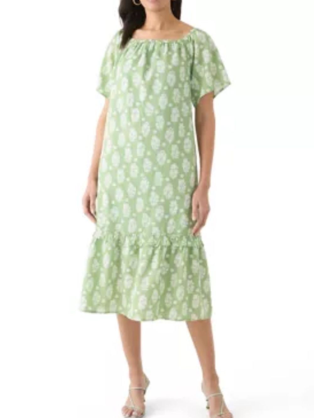 CROWN & IVY WOMENS PRINTED HOUSE SHIFT DRESS MIDI GREEN FLORAL MEDIUM LINEN
